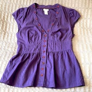 Anthropologie Odille button pleat detail cotton blouse in plum purple, size 2
